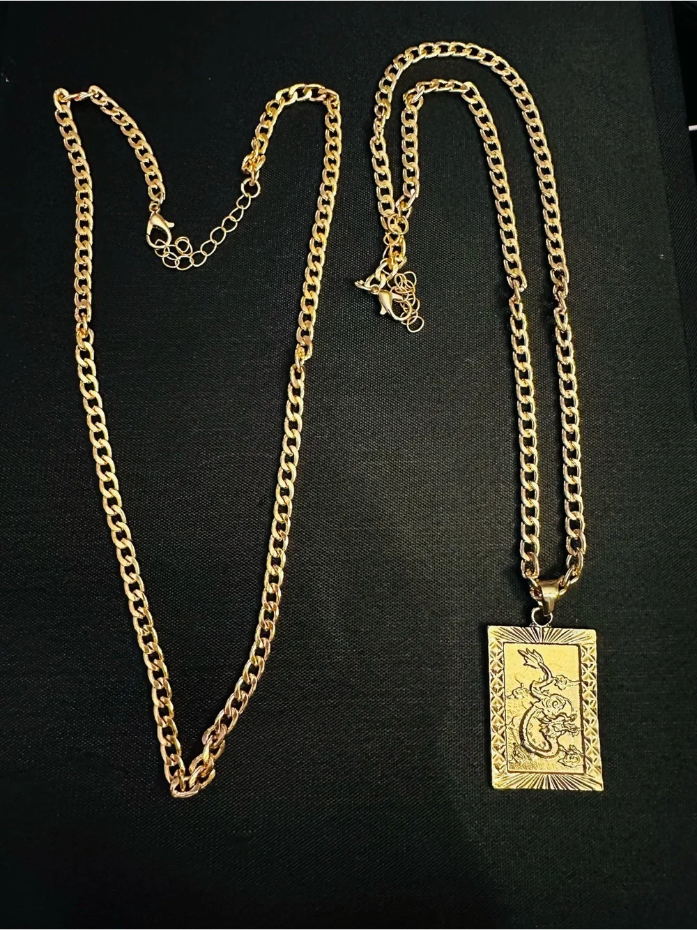 Gold-Tone Rectangular Pendant Necklace with Engraved Dragon